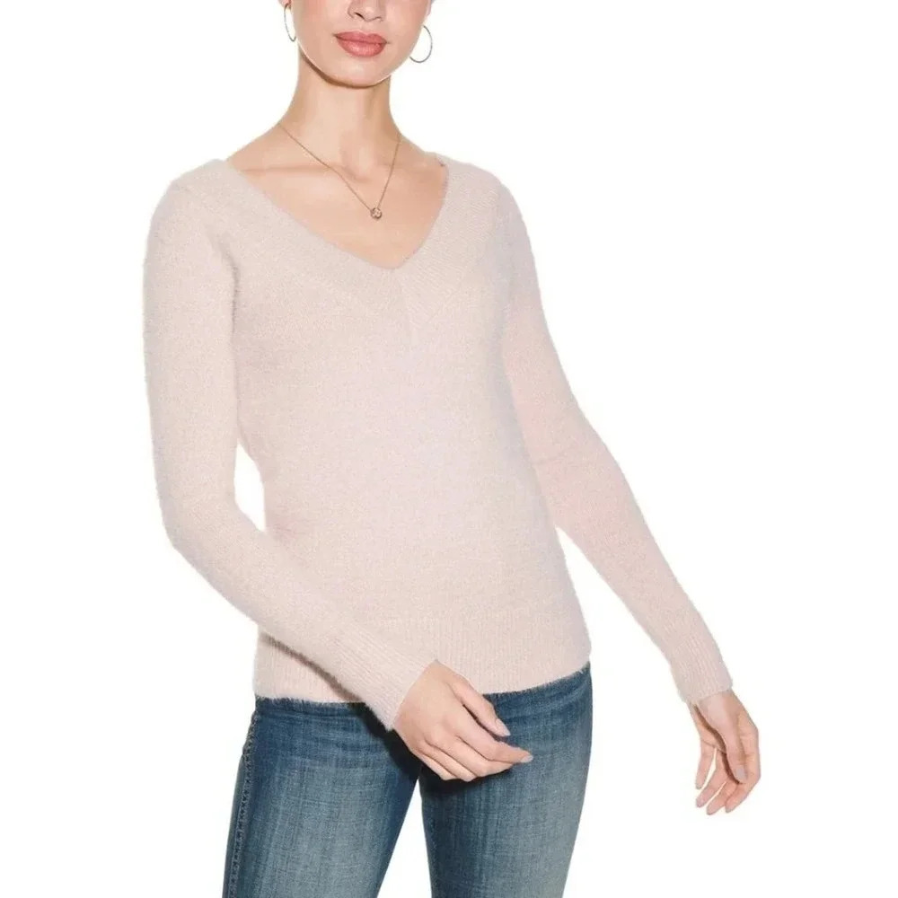 White House Black Market Feather Soft Fuzzy V-Neck Pullover Sweater Size XXS